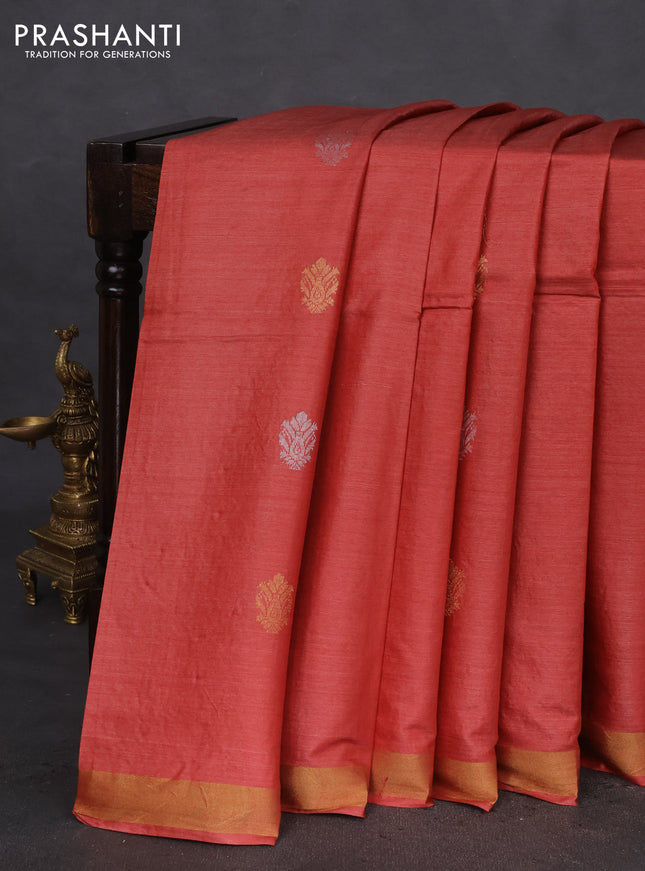 Banana silk saree rustic maroon with silver & gold zari woven buttas and zari woven border