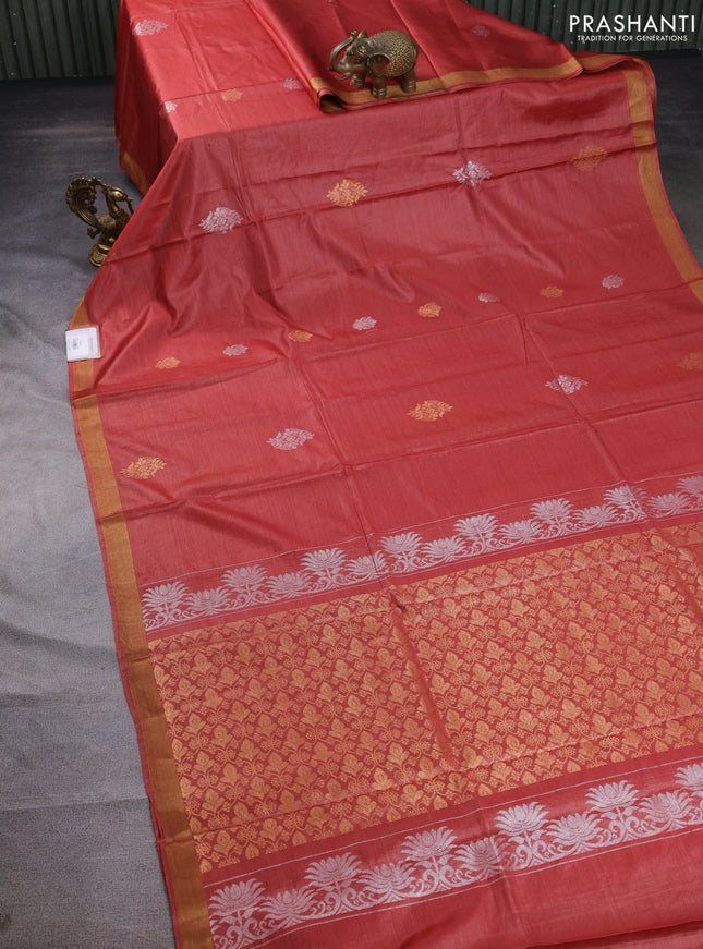 Banana silk saree rustic maroon with silver & gold zari woven buttas and zari woven border