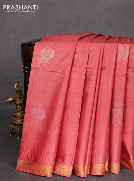 Banana silk saree dark peach with silver & gold zari woven buttas and zari woven border