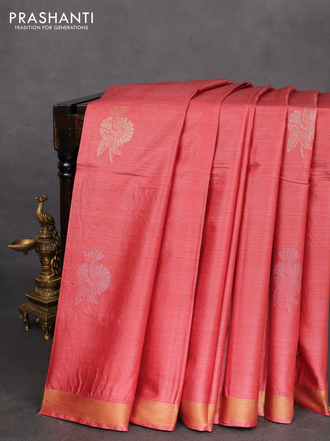 Banana silk saree dark peach with silver & gold zari woven buttas and zari woven border