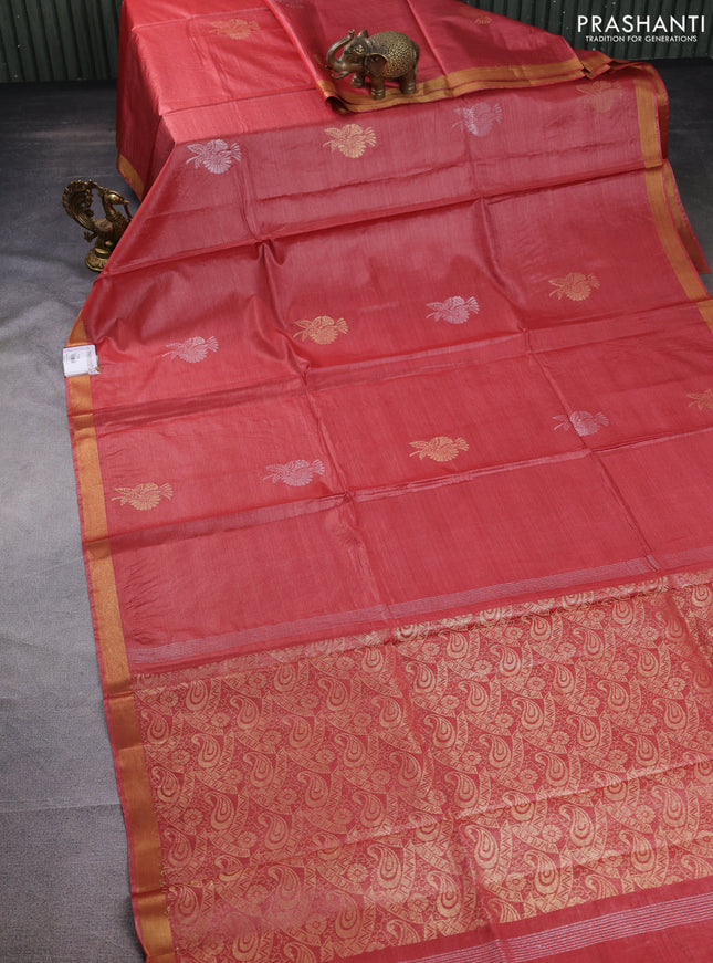 Banana silk saree dark peach with silver & gold zari woven buttas and zari woven border