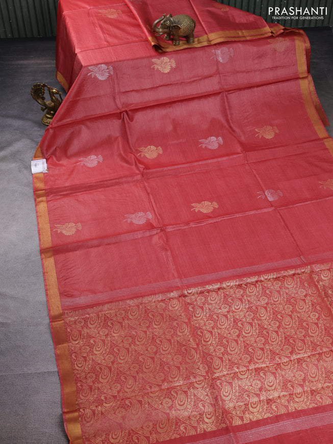 Banana silk saree dark peach with silver & gold zari woven buttas and zari woven border