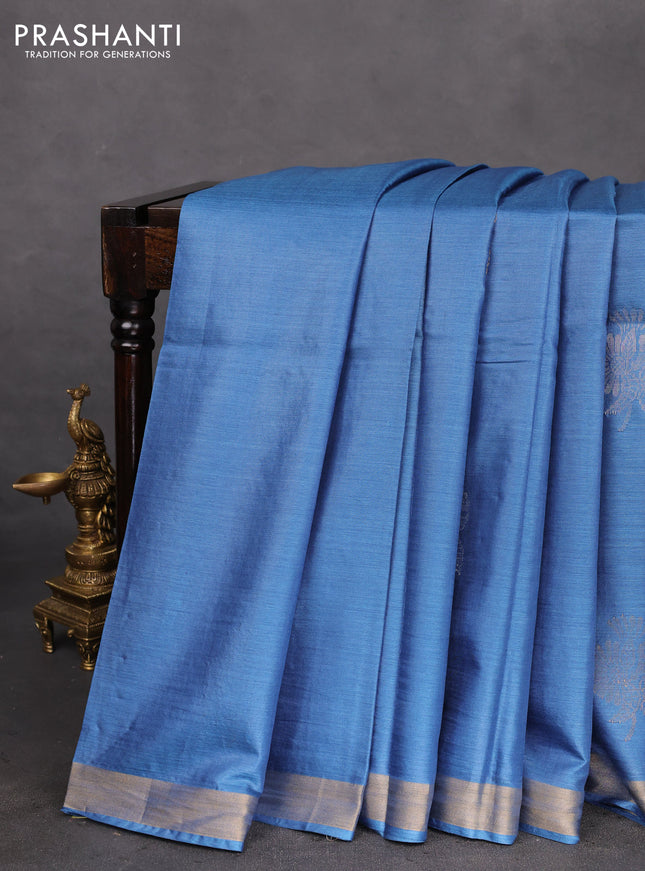 Banana silk saree blue with silver & gold zari woven buttas and zari woven border