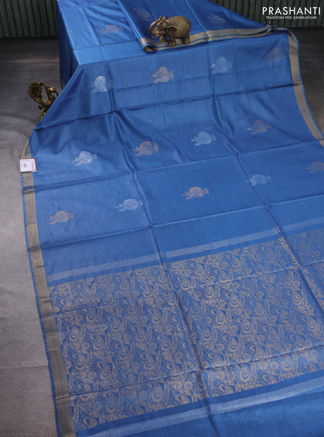 Banana silk saree blue with silver & gold zari woven buttas and zari woven border