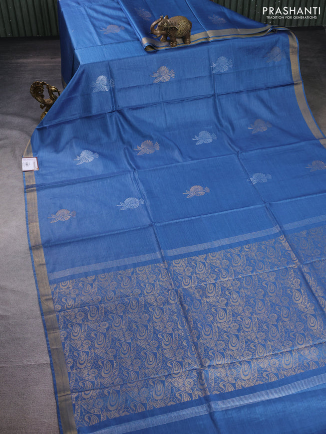 Banana silk saree blue with silver & gold zari woven buttas and zari woven border