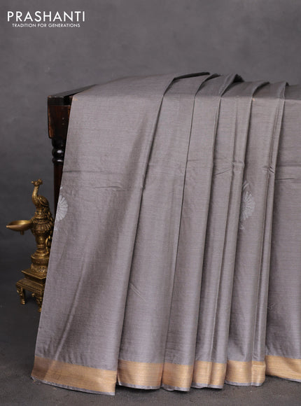 Banana silk saree grey with silver & gold zari woven buttas and zari woven border