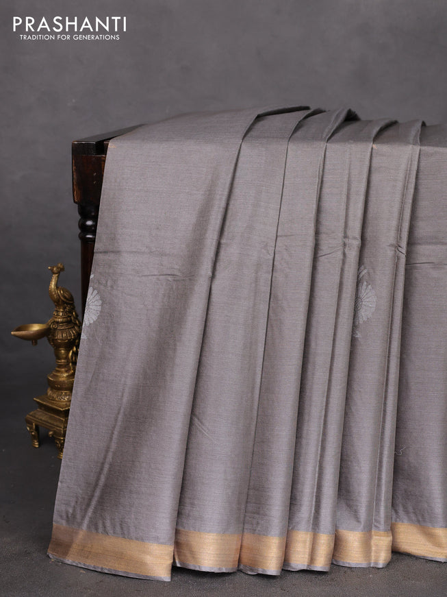 Banana silk saree grey with silver & gold zari woven buttas and zari woven border