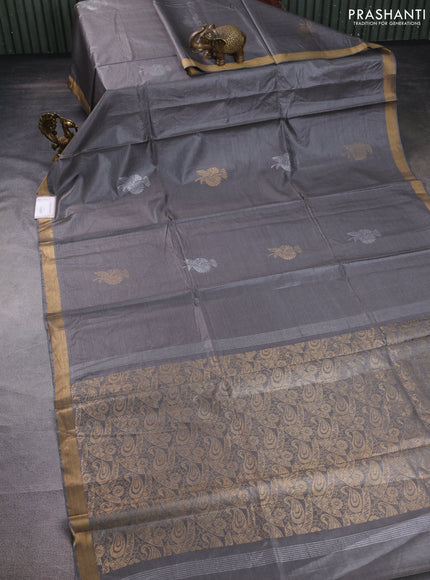 Banana silk saree grey with silver & gold zari woven buttas and zari woven border