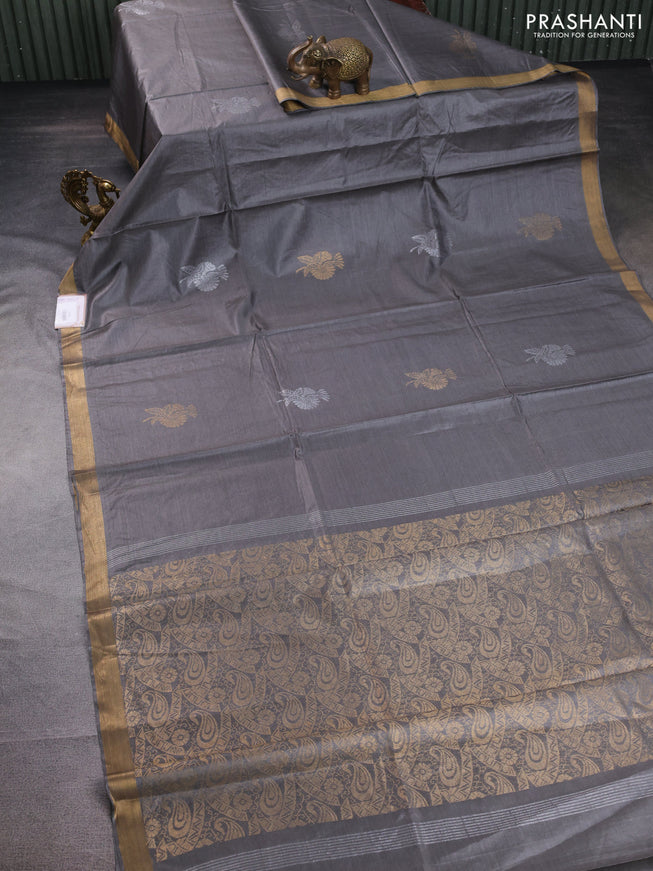 Banana silk saree grey with silver & gold zari woven buttas and zari woven border