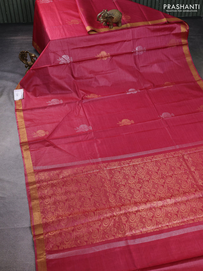 Banana silk saree pink shade with silver & gold zari woven buttas and zari woven border