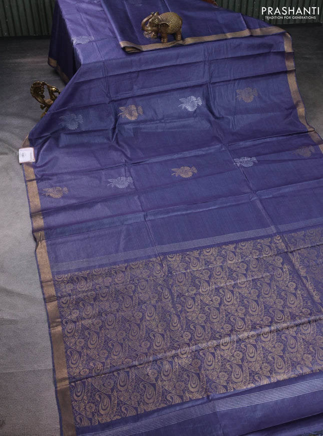 Banana silk saree blue shade with silver & gold zari woven buttas and zari woven border