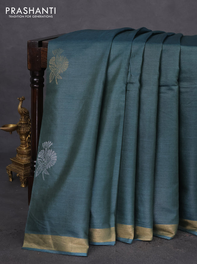 Banana silk saree dark green with silver & gold zari woven buttas and zari woven border