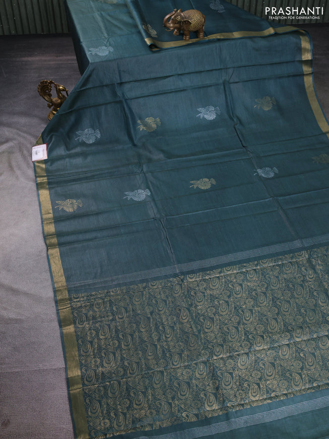 Banana silk saree dark green with silver & gold zari woven buttas and zari woven border