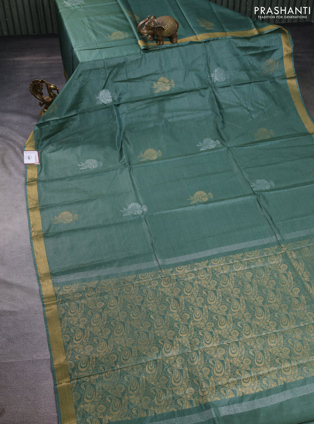 Banana silk saree green with silver & gold zari woven buttas and zari woven border