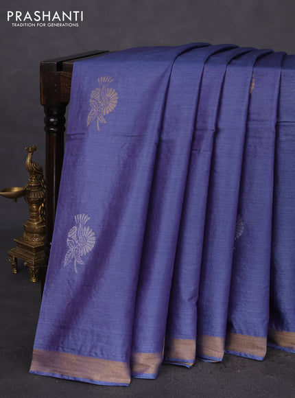 Banana silk saree blue with silver & gold zari woven buttas and zari woven border