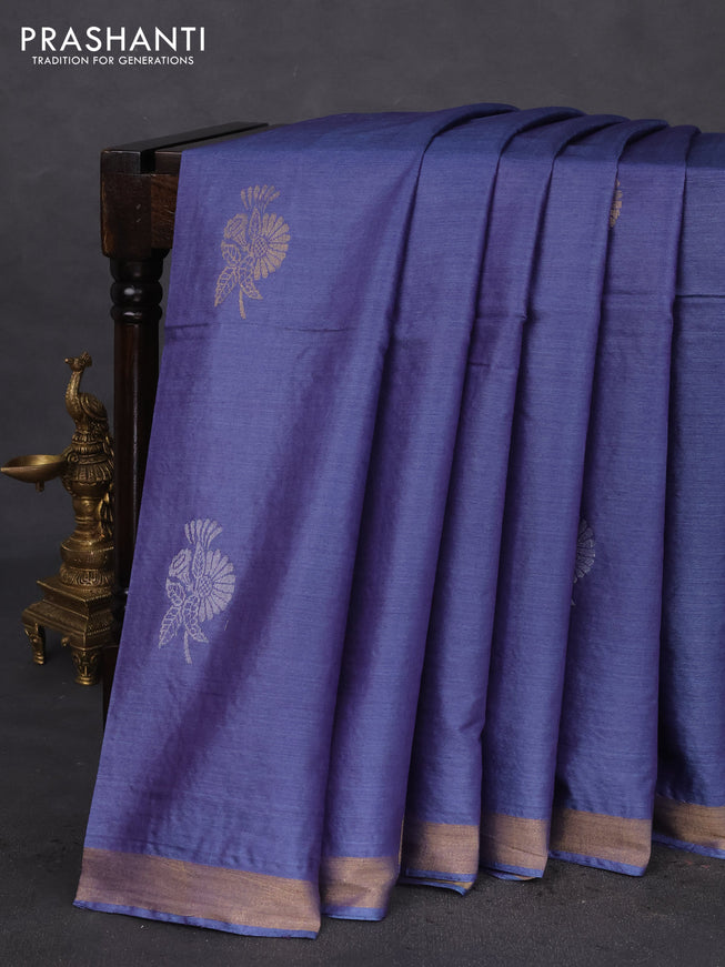 Banana silk saree blue with silver & gold zari woven buttas and zari woven border