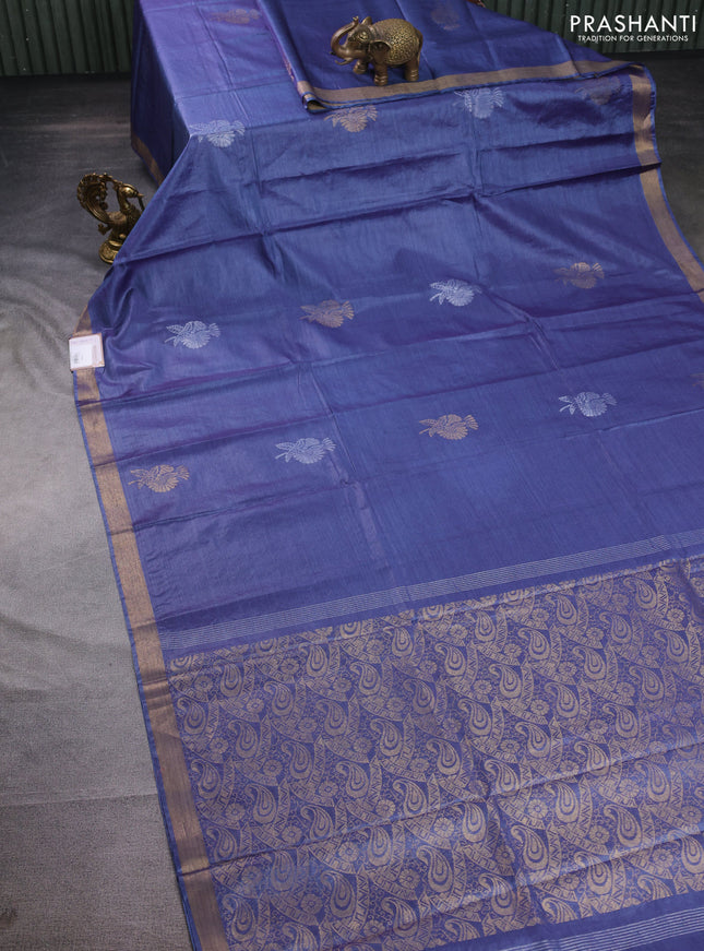 Banana silk saree blue with silver & gold zari woven buttas and zari woven border