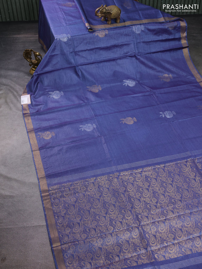 Banana silk saree blue with silver & gold zari woven buttas and zari woven border