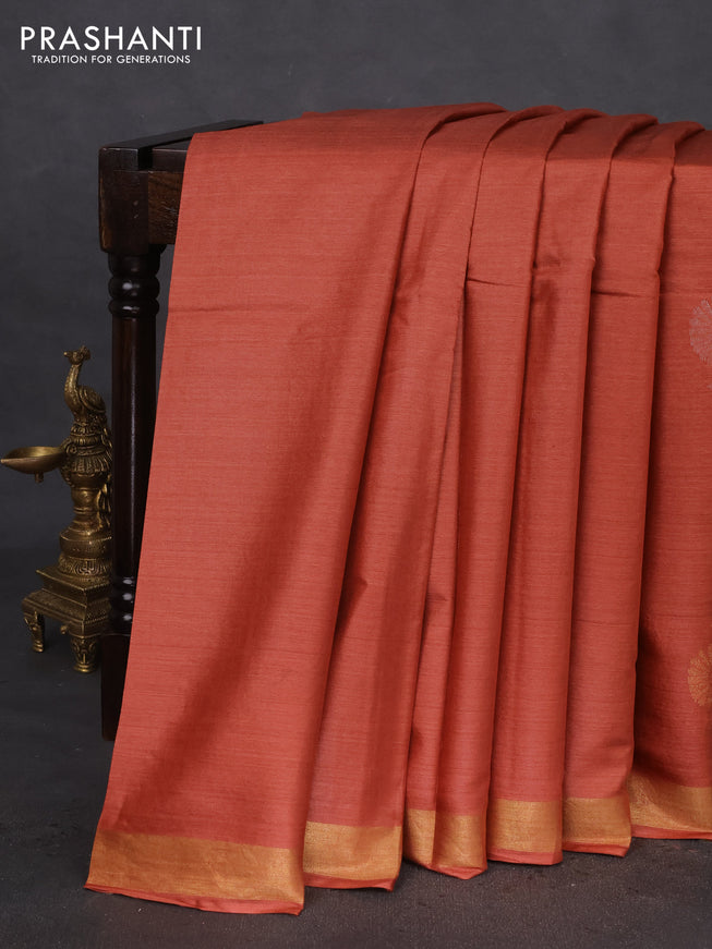 Banana silk saree rust shade with silver & gold zari woven buttas and zari woven border