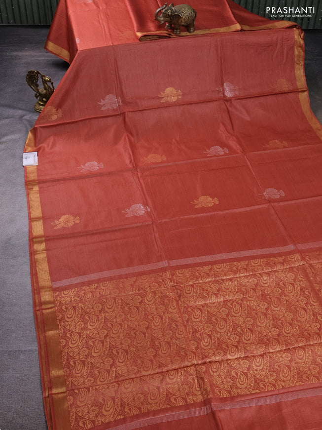 Banana silk saree rust shade with silver & gold zari woven buttas and zari woven border