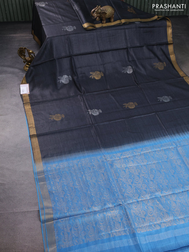Banana silk saree black and blue with silver & gold zari woven buttas and zari woven border