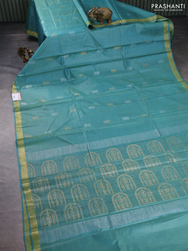 Banana silk saree teal blue with silver & gold zari woven buttas and zari woven border