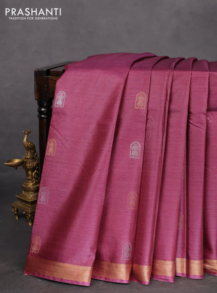 Banana silk saree magenta pink with silver & gold zari woven buttas and zari woven border