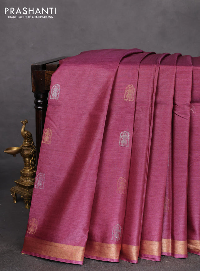 Banana silk saree magenta pink with silver & gold zari woven buttas and zari woven border
