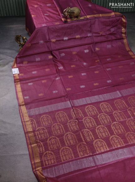 Banana silk saree magenta pink with silver & gold zari woven buttas and zari woven border