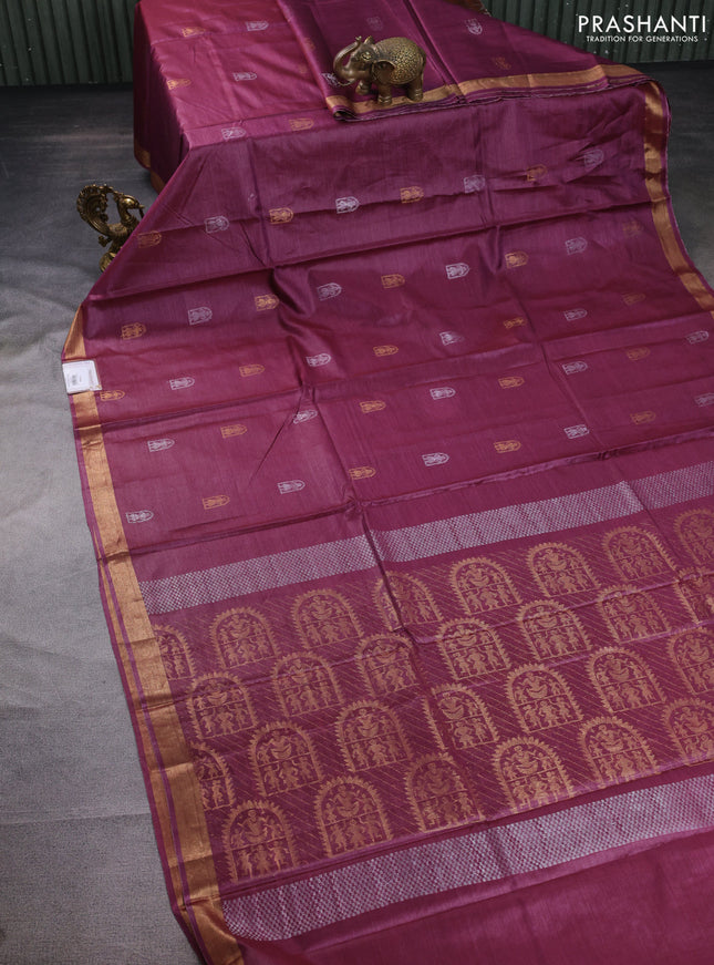 Banana silk saree magenta pink with silver & gold zari woven buttas and zari woven border