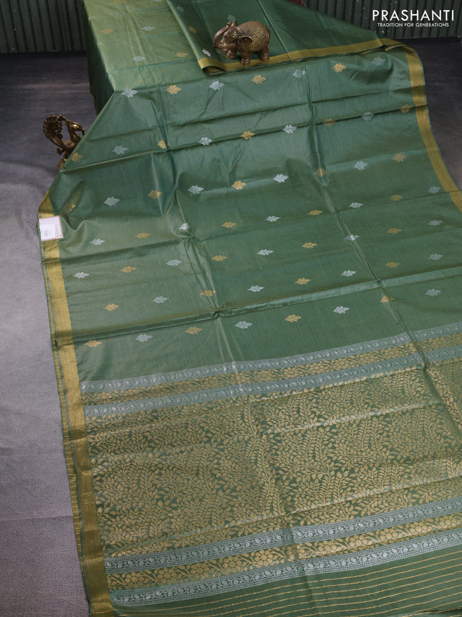Banana silk saree green with silver & gold zari woven buttas and zari woven border