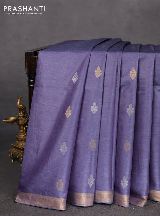 Banana silk saree blue with silver & gold zari woven buttas and zari woven border