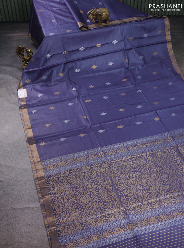 Banana silk saree blue with silver & gold zari woven buttas and zari woven border