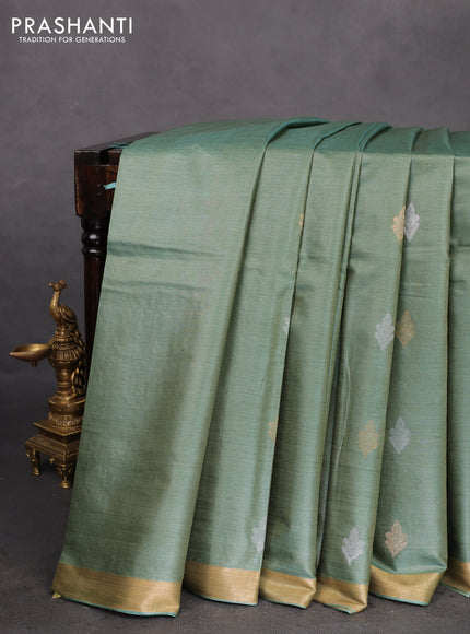 Banana silk saree dual shade of green with silver & gold zari woven buttas and zari woven border