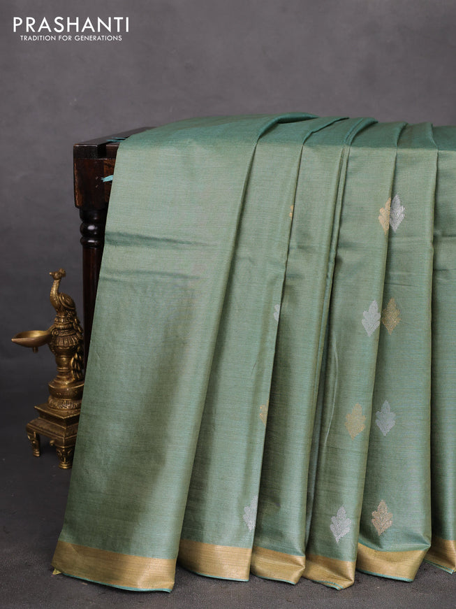 Banana silk saree dual shade of green with silver & gold zari woven buttas and zari woven border