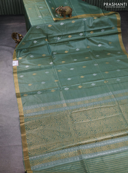 Banana silk saree dual shade of green with silver & gold zari woven buttas and zari woven border
