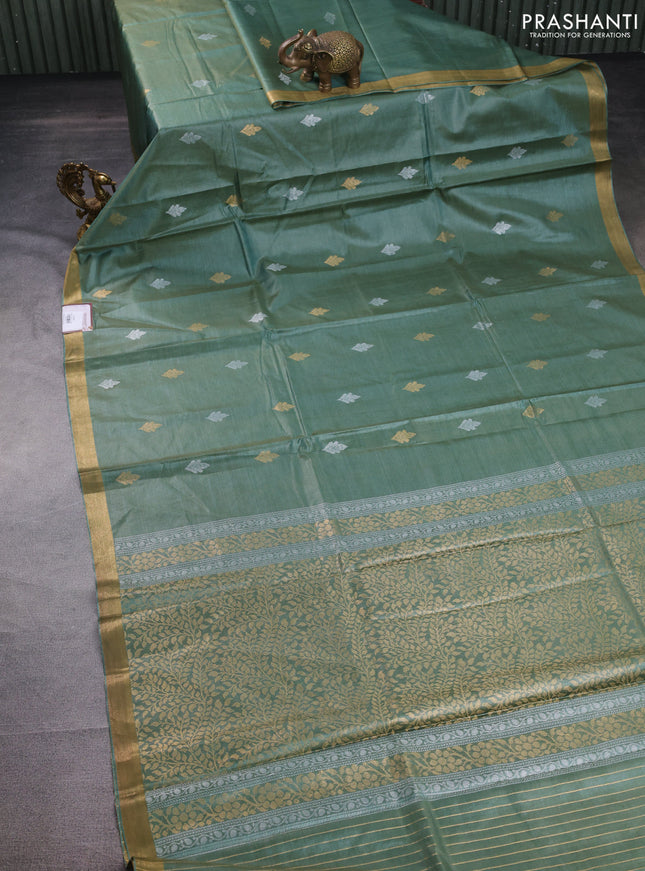 Banana silk saree dual shade of green with silver & gold zari woven buttas and zari woven border