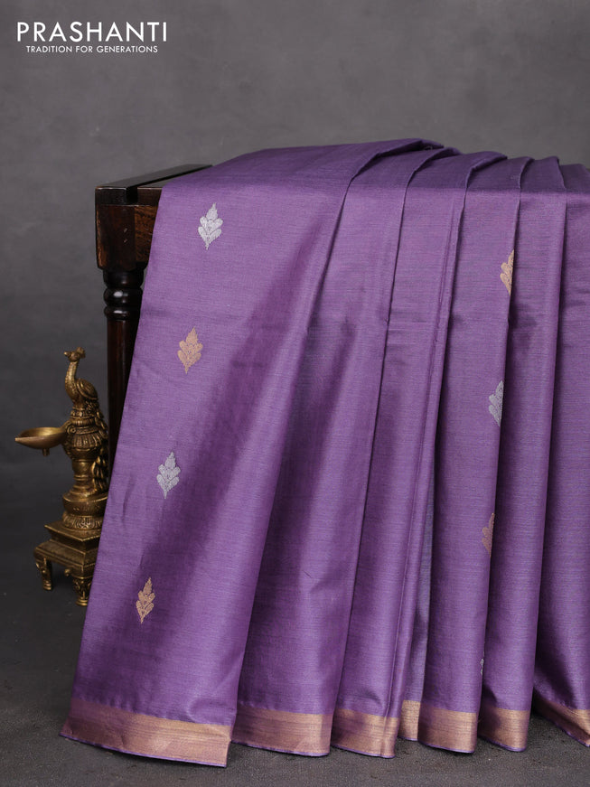 Banana silk saree violet with silver & gold zari woven buttas and zari woven border