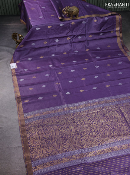 Banana silk saree violet with silver & gold zari woven buttas and zari woven border