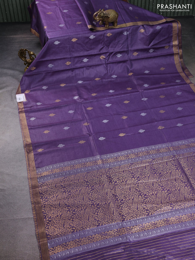 Banana silk saree violet with silver & gold zari woven buttas and zari woven border
