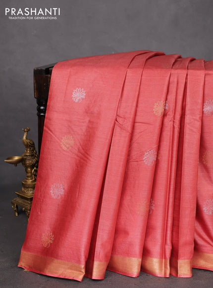 Banana silk saree red shade with silver & gold zari woven floral buttas and zari woven border