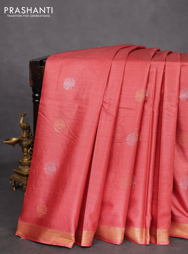Banana silk saree red shade with silver & gold zari woven floral buttas and zari woven border