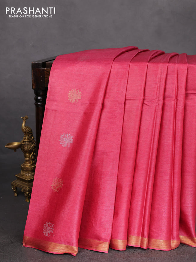 Banana silk saree pink with silver & gold zari woven floral buttas and zari woven border
