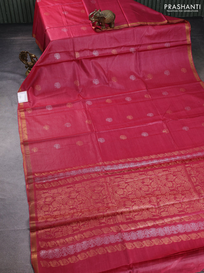 Banana silk saree pink with silver & gold zari woven floral buttas and zari woven border