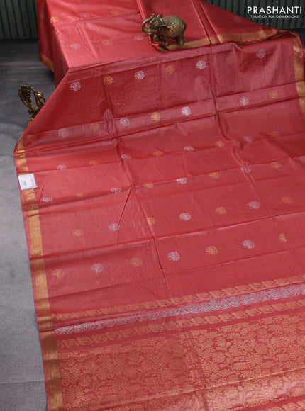 Banana silk saree red shade with silver & gold zari woven floral buttas and zari woven border