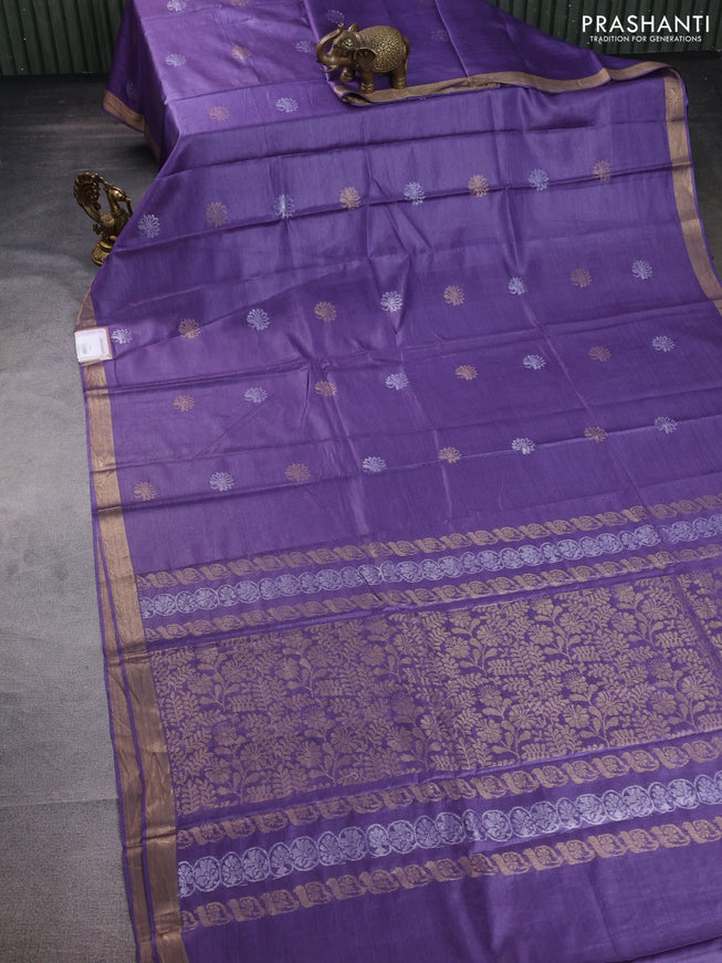 Banana silk saree violet with silver & gold zari woven floral buttas and zari woven border