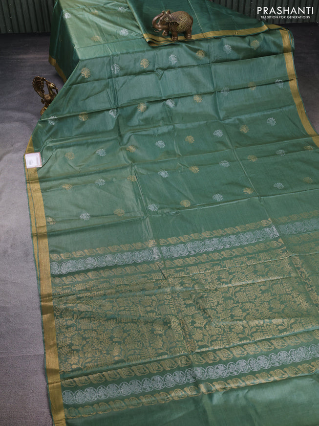 Banana silk saree green shade with silver & gold zari woven floral buttas and zari woven border