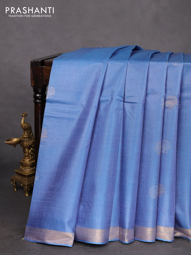 Banana silk saree cs blue with silver & gold zari woven floral buttas and zari woven border