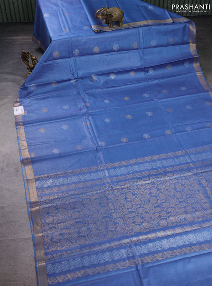 Banana silk saree cs blue with silver & gold zari woven floral buttas and zari woven border