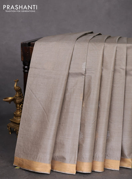 Banana silk saree grey shade with silver & gold zari woven floral buttas and zari woven border